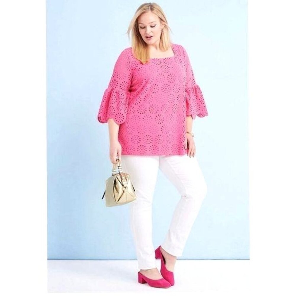 Jessica London Plus Size 18/20 Pink Eyelet Bell Sleeve 3/4 sleeve Top hot pink